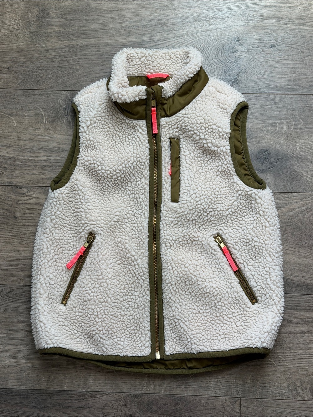 Crewcuts Cream Sherpa Vest with Olive Trim and Pink Accents